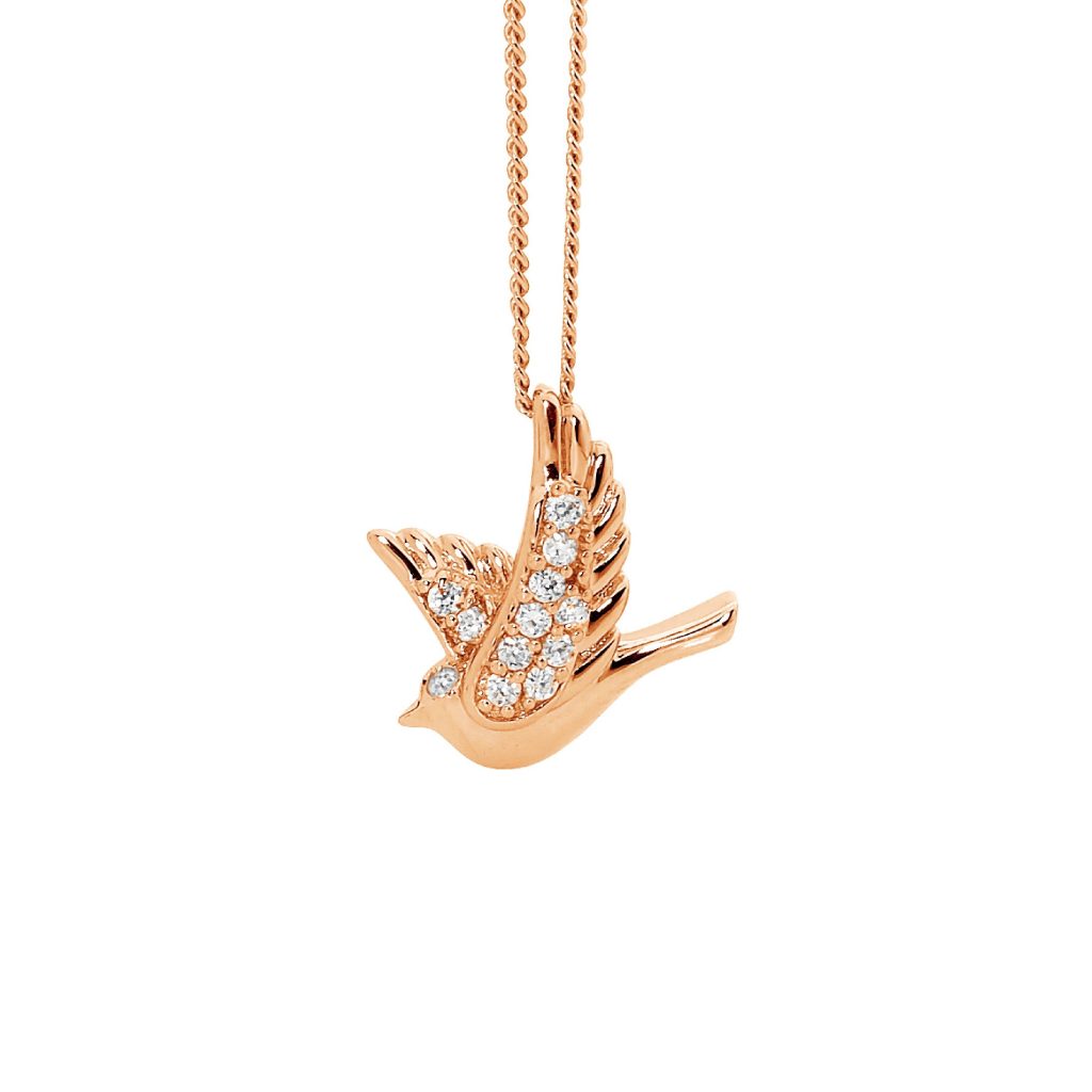 Sterling Silver & Rose Gold Plated Dove Pendant with Cubic Zirconia