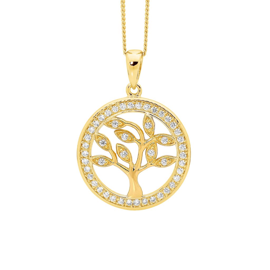 Sterling Silver Gold Plate Cubic Zirconia Tree Of Life Pendant
