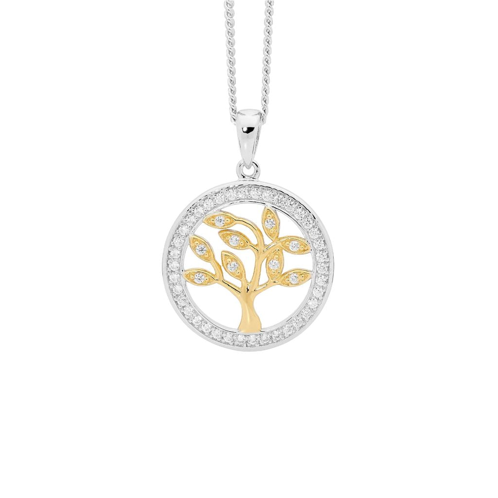 Sterling Silver Cubic Zirconia Tree Of Life Necklace With Yellow Gold Plate Accent