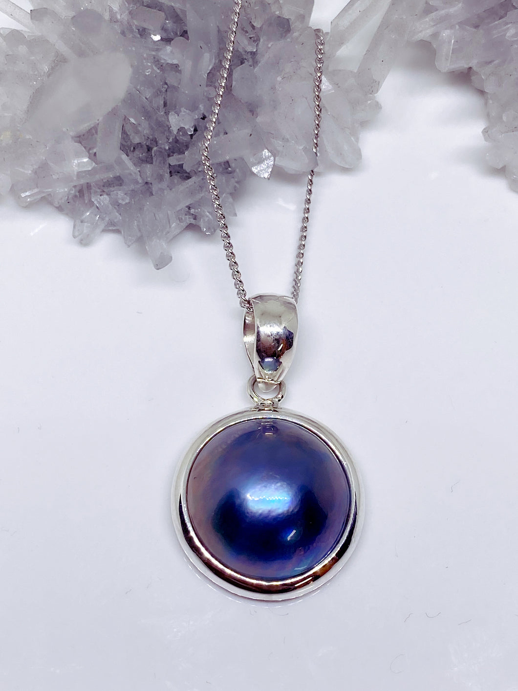 Sterling Silver Black Mabe Pearl Pendant & Chain