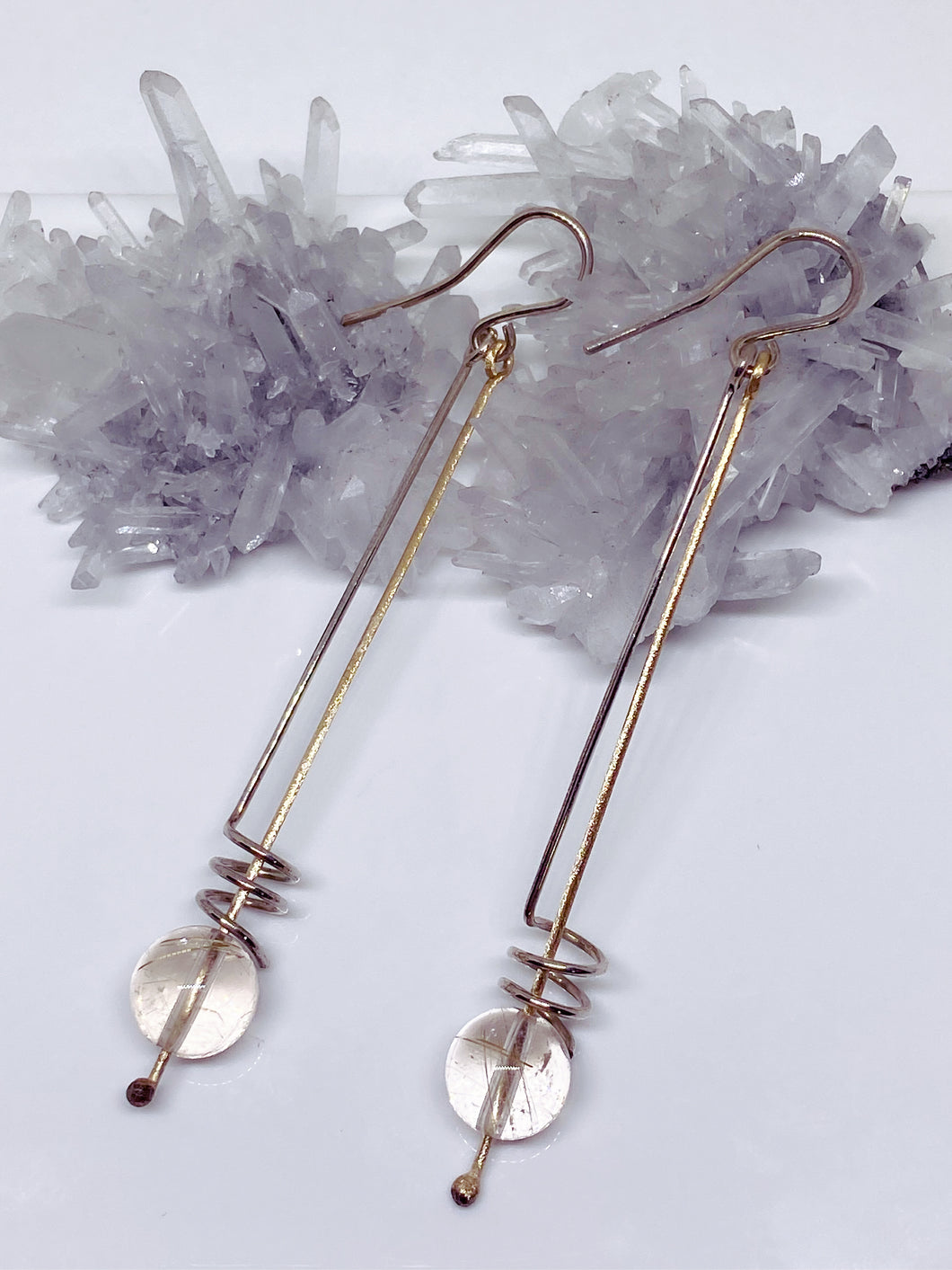 Sterling Silver, 9ct Gold & Rutilated Quartz Earrings- Long