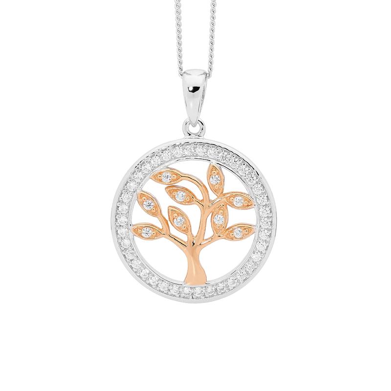Sterling Silver Tree Of Life Pendant with Rose Gold Accent & Cubic Zirconia