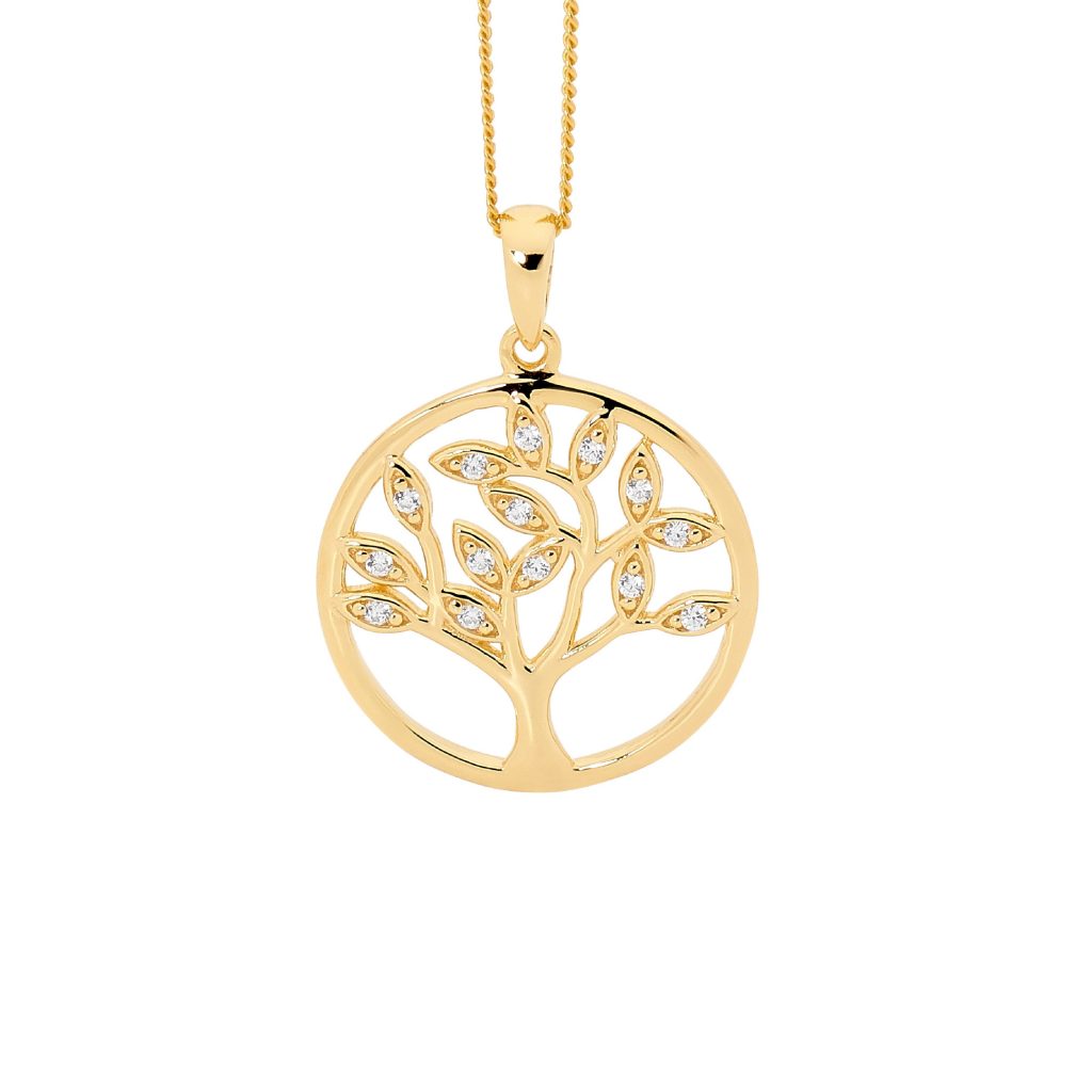 Sterling Silver Gold Plated Tree Of Life Pendant with Cubic Zirconia
