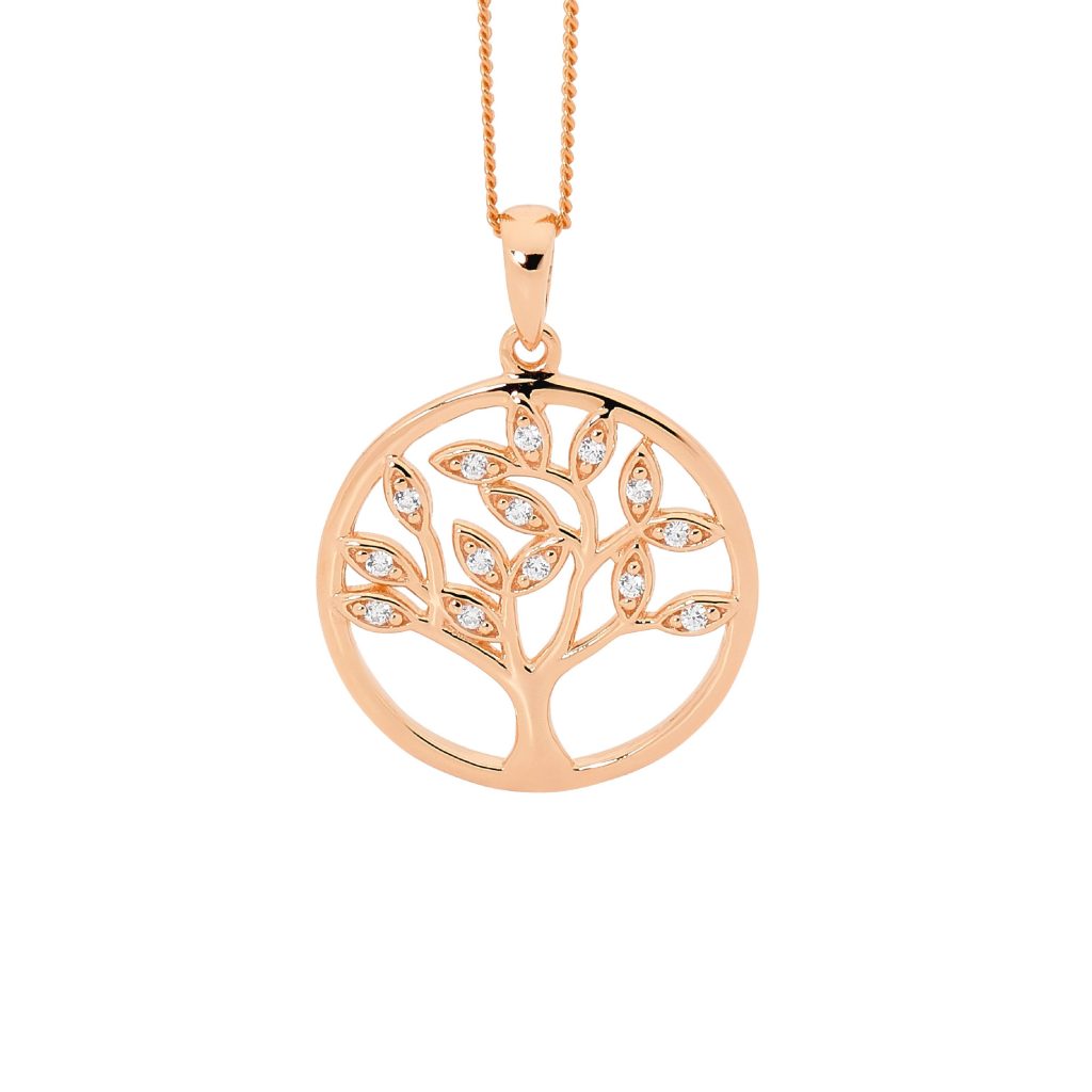 Sterling Silver Rose Gold Plated Tree Of Life Pendant with Cubic Zirconia