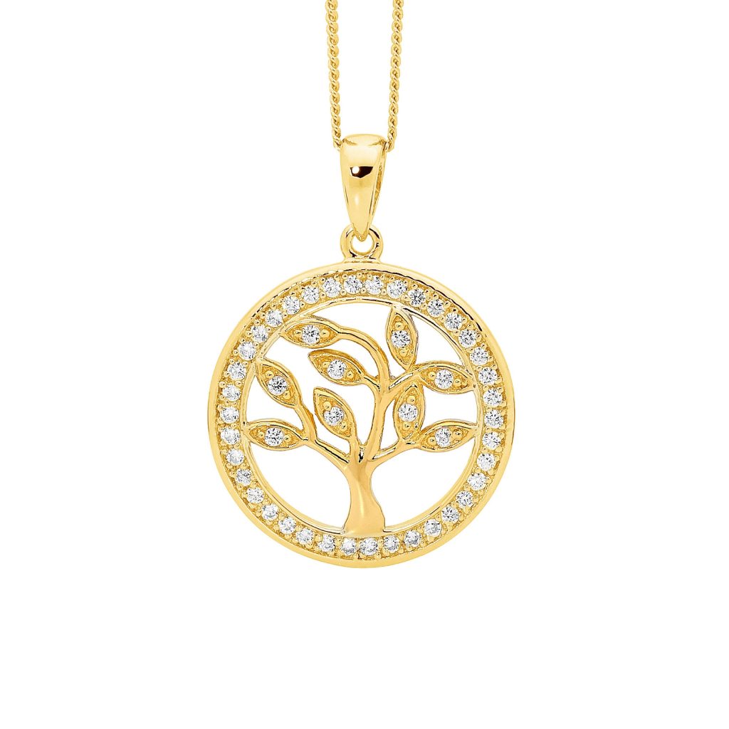 Sterling Silver Gold Plate Cubic Zirconia Tree Of Life Pendant