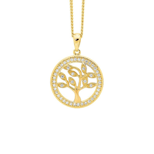 Sterling Silver Gold Plate Cubic Zirconia Tree of Life Pendant