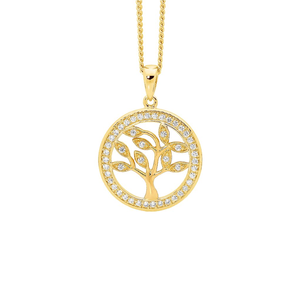 Sterling Silver Gold Plate Cubic Zirconia Tree of Life Pendant