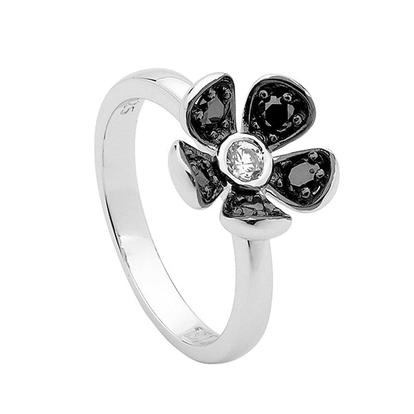 Sterling Silver Flower Ring with Black Cubic Zirconia