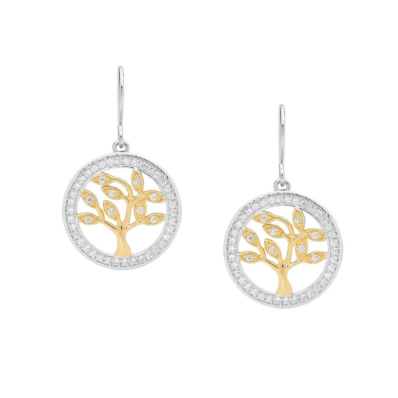 Sterling Silver Tree Of Life Earrings With Gold Accent & Cubic Zirconia