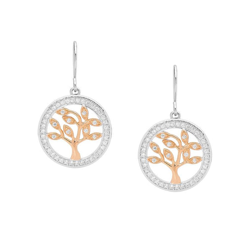 Sterling Silver Tree Of Life Earrings with Rose Gold Accent & Cubic Zirconia