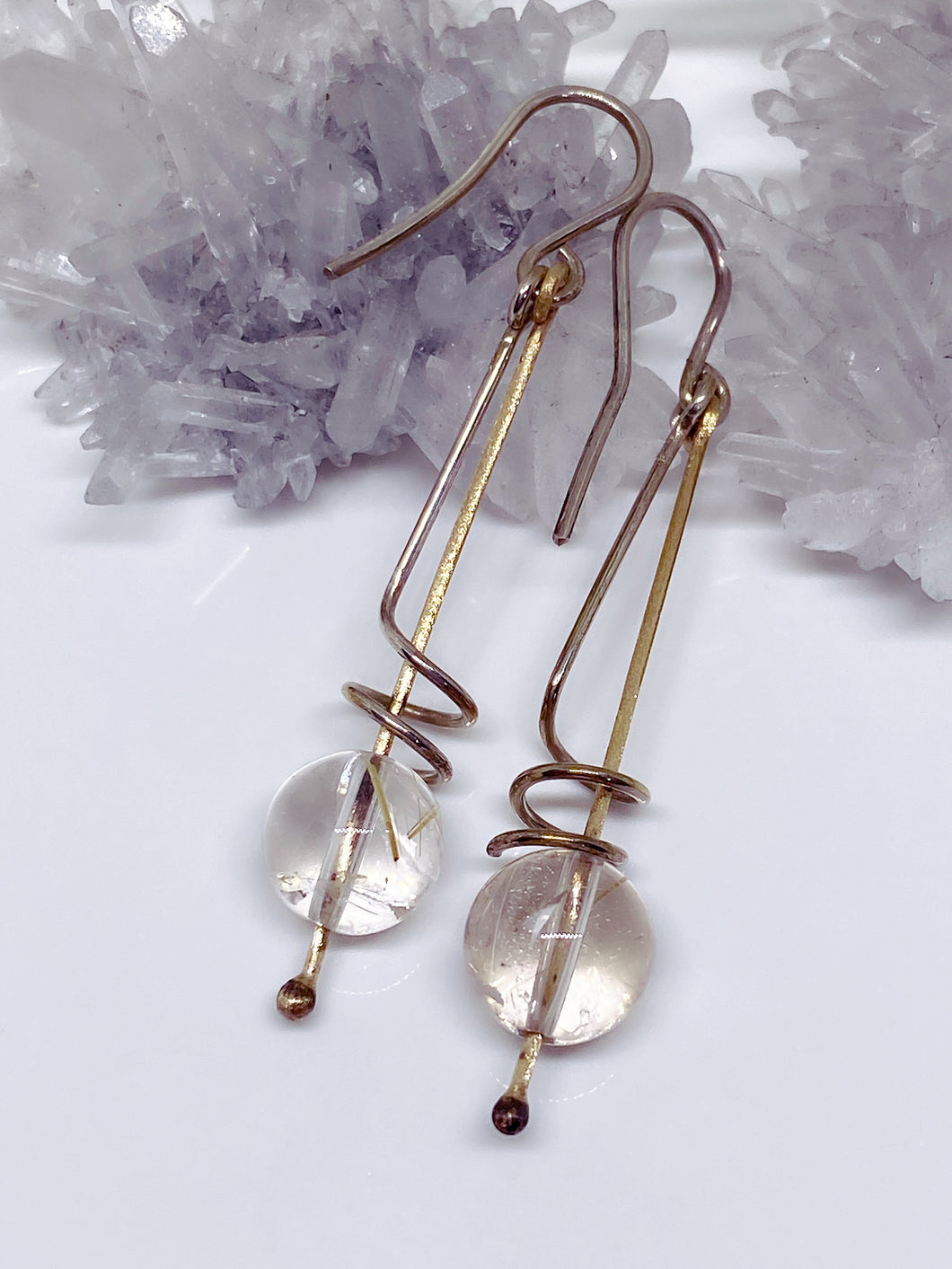 Sterling Silver , 9ct Gold & Rutilated Quartz Earrings- Medium
