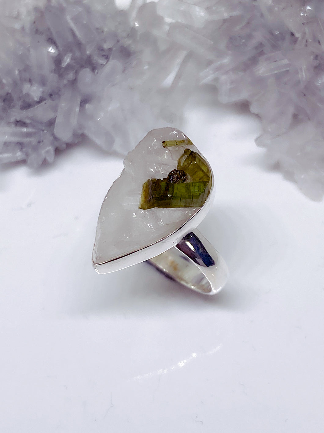 Quartz with Green Tourmaline Ring - Sterling Silver