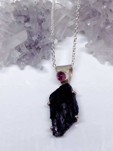 Black and Pink Tourmaline  Pendant & Chain - Sterling Silver