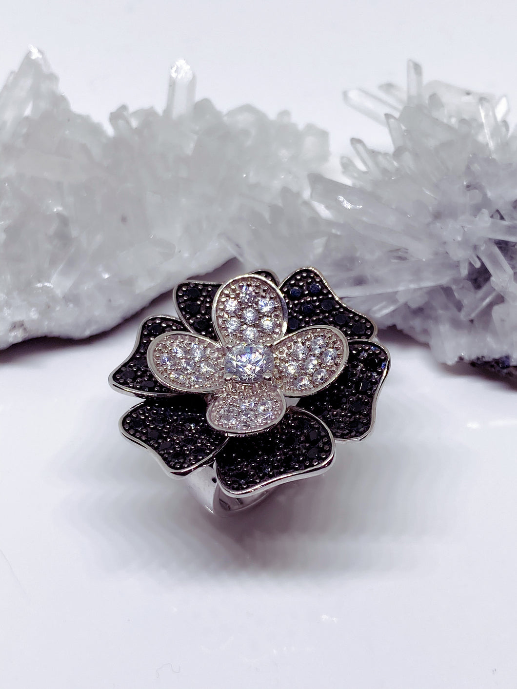 Sterling Silver Flower Ring with Black & White Cubic Zirconia