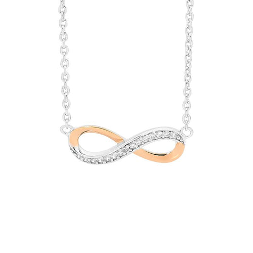Sterling Silver Infinity Necklace with Rose Gold Accent & Cubic Zirconia